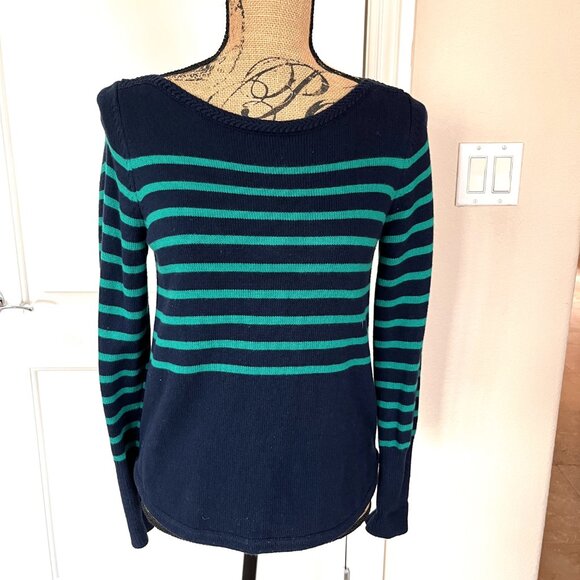 Ann Taylor Loft Sweater Navy Blue Green Striped Long Sleeve Size Medium - Picture 3 of 7